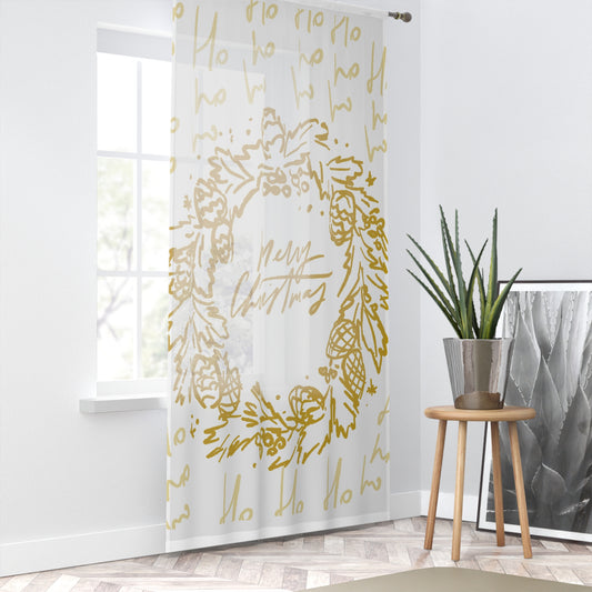 Merry Christmas Window Curtain — Golden Wreath Holiday Décor