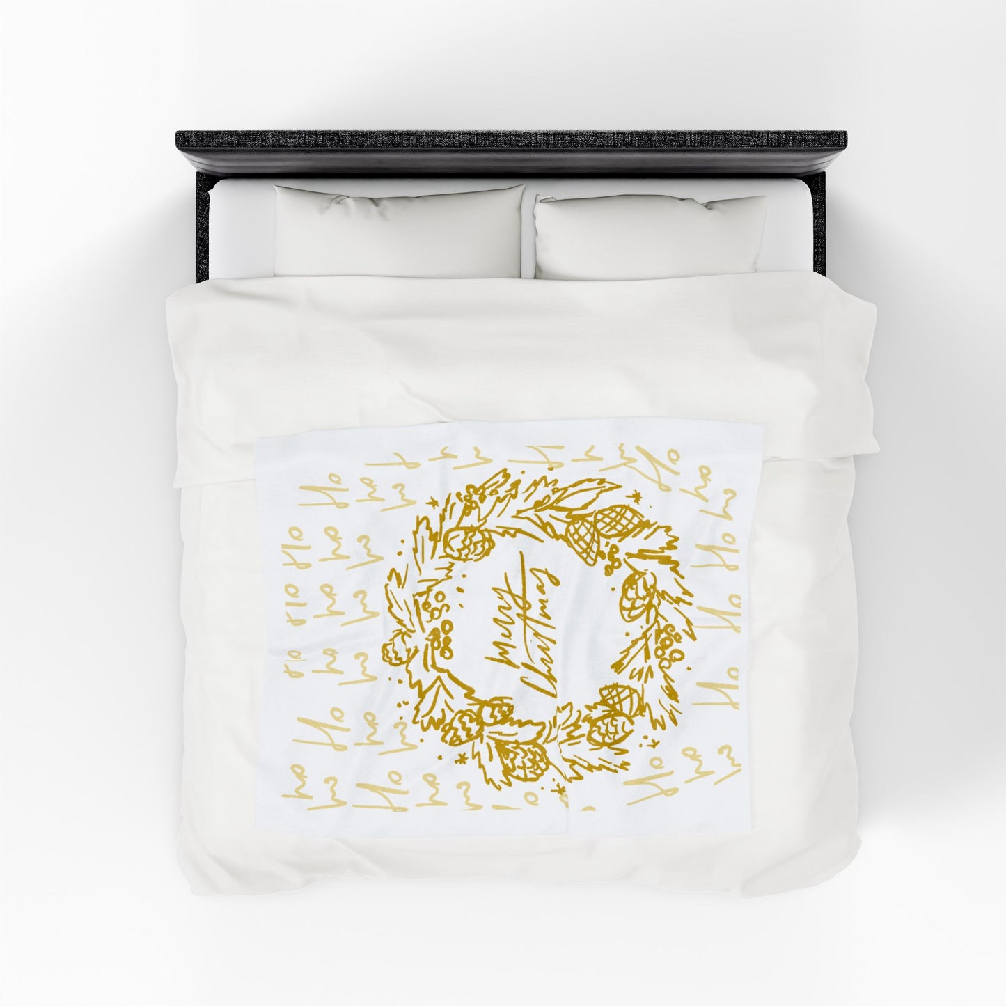 Merry Christmas Velveteen Plush Blanket — Gold Wreath Holiday Throw