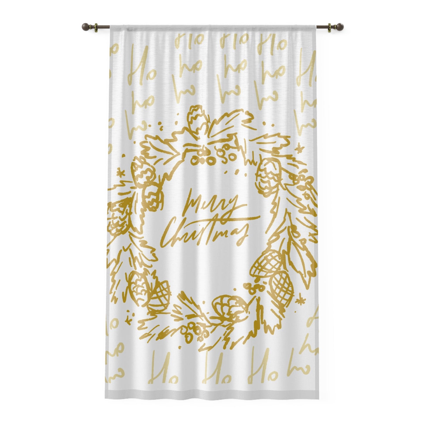 Merry Christmas Window Curtain — Golden Wreath Holiday Décor