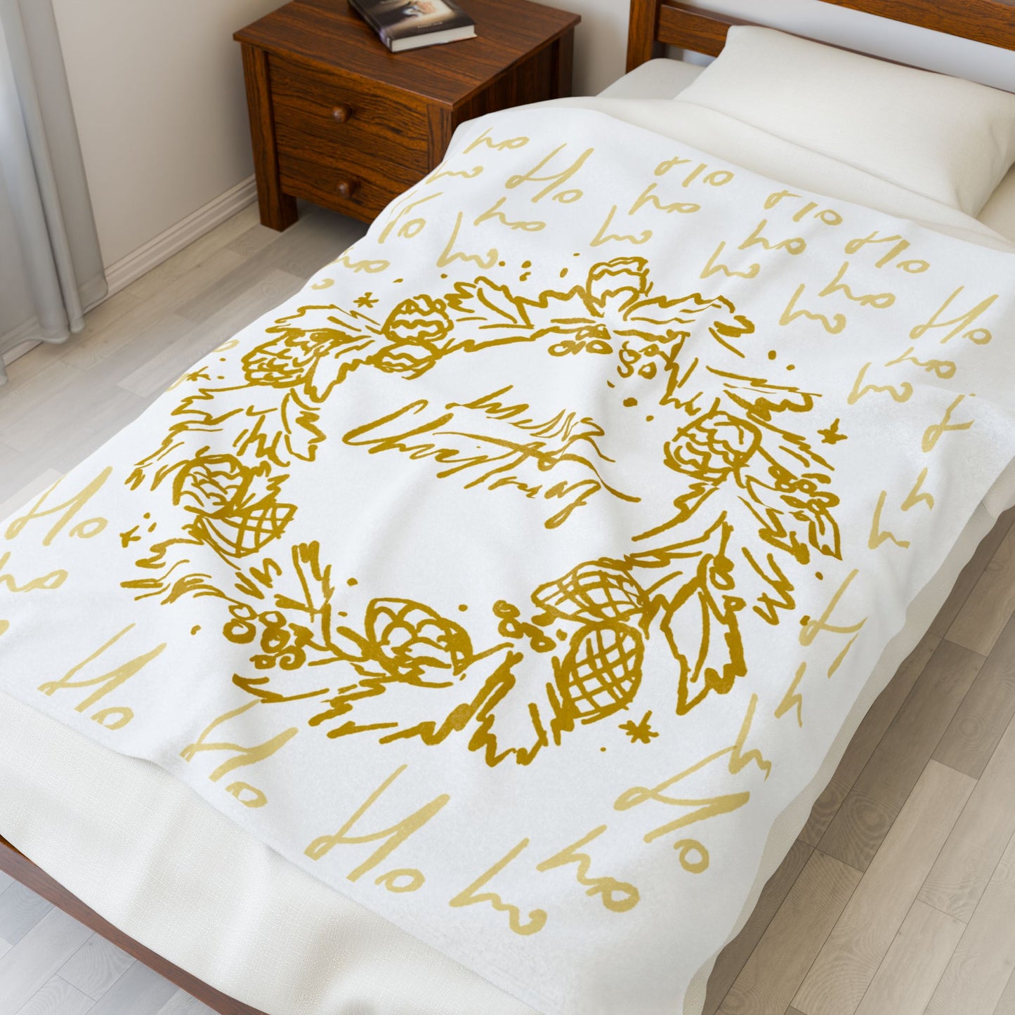 Merry Christmas Velveteen Plush Blanket — Gold Wreath Holiday Throw