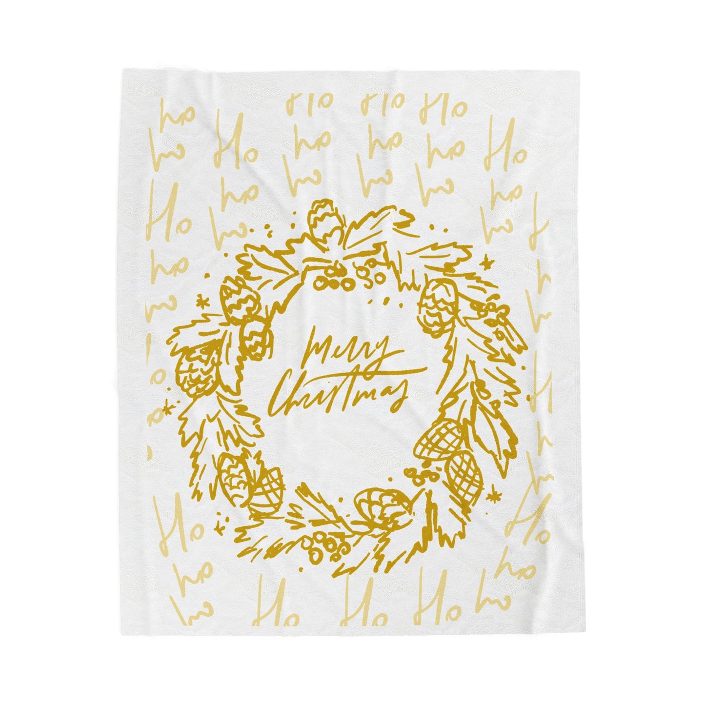 Merry Christmas Velveteen Plush Blanket — Gold Wreath Holiday Throw