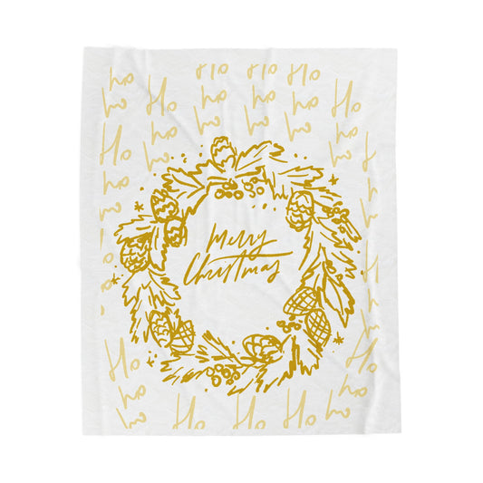 Merry Christmas Velveteen Plush Blanket — Gold Wreath Holiday Throw