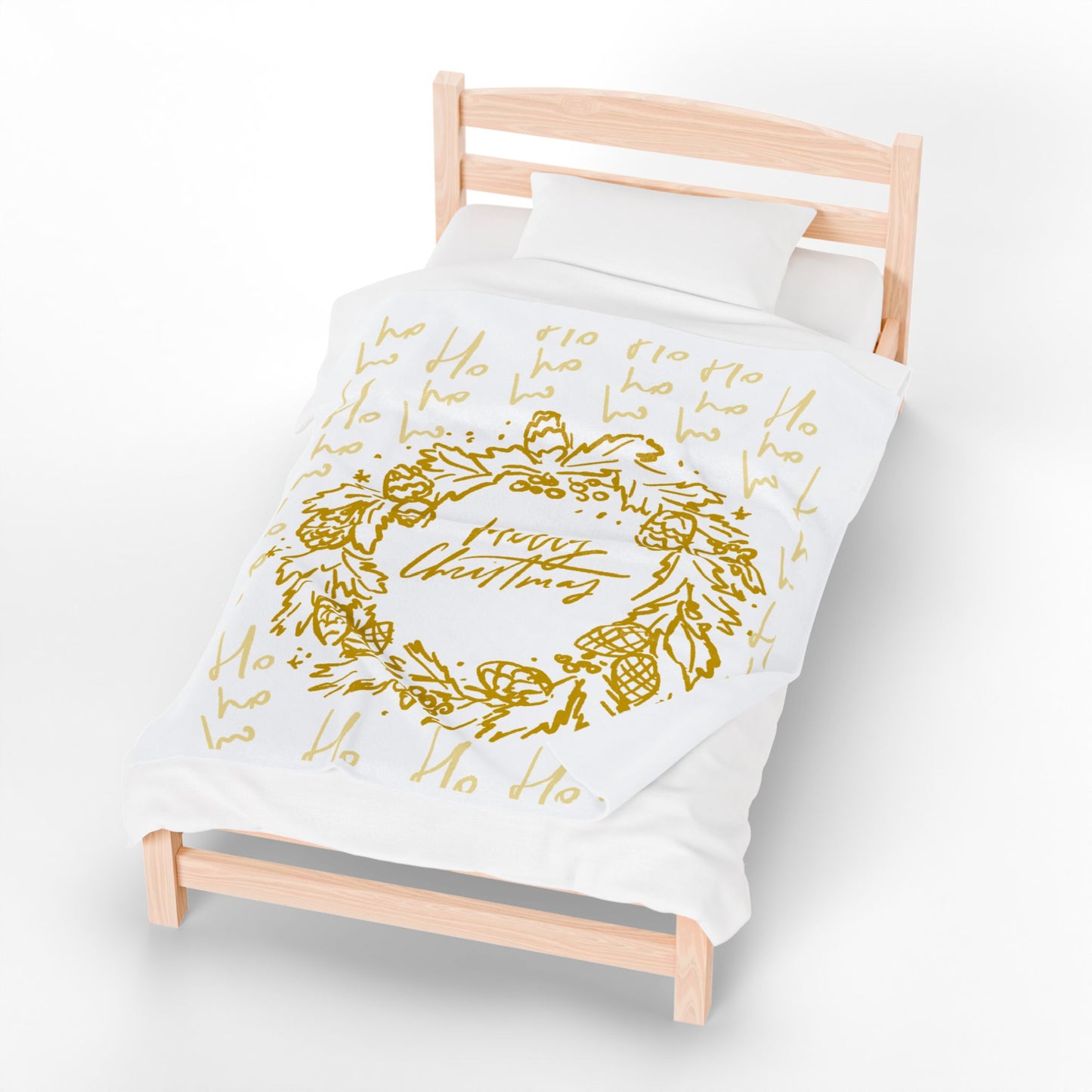 Merry Christmas Velveteen Plush Blanket — Gold Wreath Holiday Throw